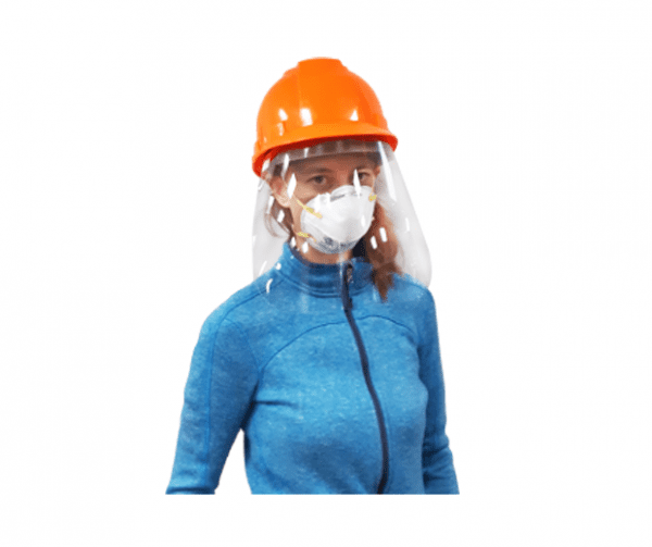 Woman wearing hard hat and face shield